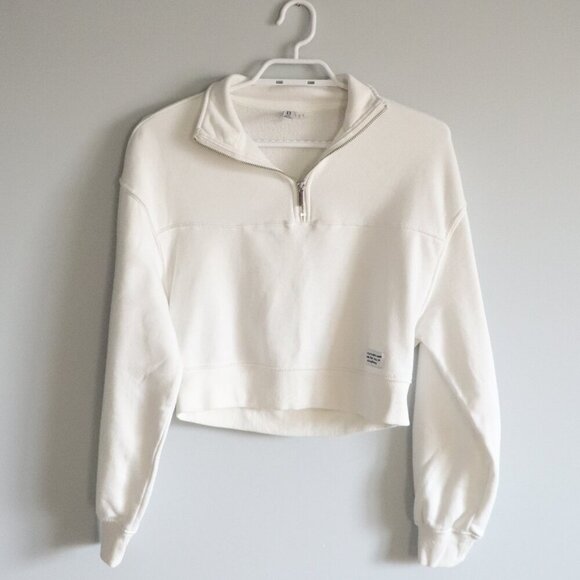 H&M Divided Women's White XS Cropped 1/4 Zip Long Sleeve Fleece Pullover Sweater - Picture 1 of 11